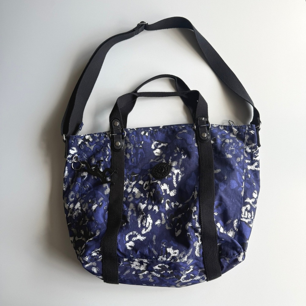 Kipling Adara Ripple Print Monkey Charm‎ Blue Black Top Zip Shoulder Tote Bag